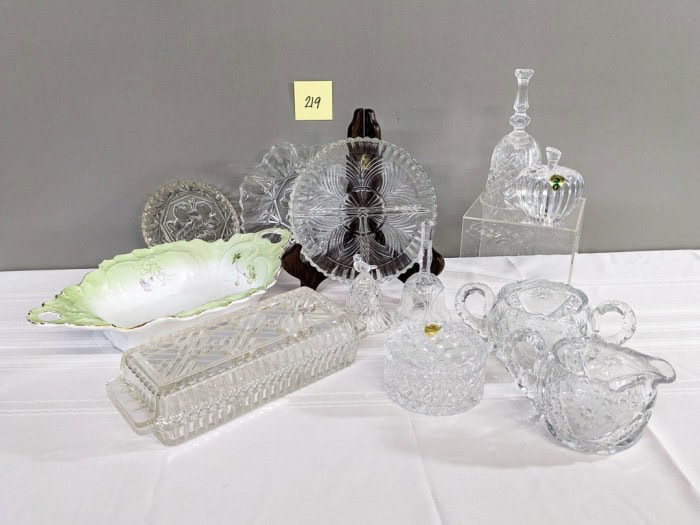 219. Waterford Crystal Apple, Glass Bells, Bowl, Crystal Creamer + Sugar and Glass Pieces