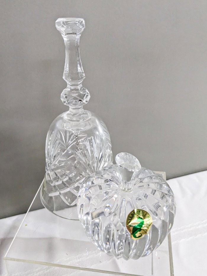 219. Waterford Crystal Apple, Glass Bells, Bowl, Crystal Creamer + Sugar and Glass Pieces - Image 2