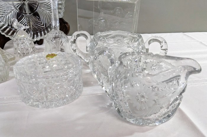 219. Waterford Crystal Apple, Glass Bells, Bowl, Crystal Creamer + Sugar and Glass Pieces - Image 5