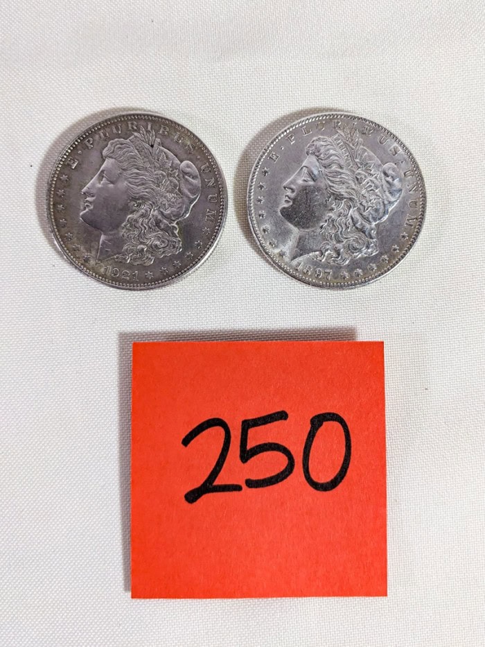 250. (2) Morgan Silver Coins (1897 + 1921)