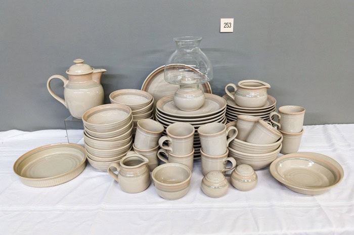 253. Noritake Stoneware - (14) Dinner Plates, (14) Bowls, (14) Salad Plates, (14) Mugs + (12) Serving Pieces