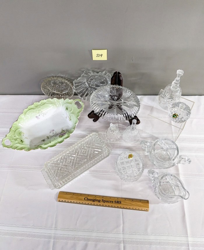 219. Waterford Crystal Apple, Glass Bells, Bowl, Crystal Creamer + Sugar and Glass Pieces - Image 11