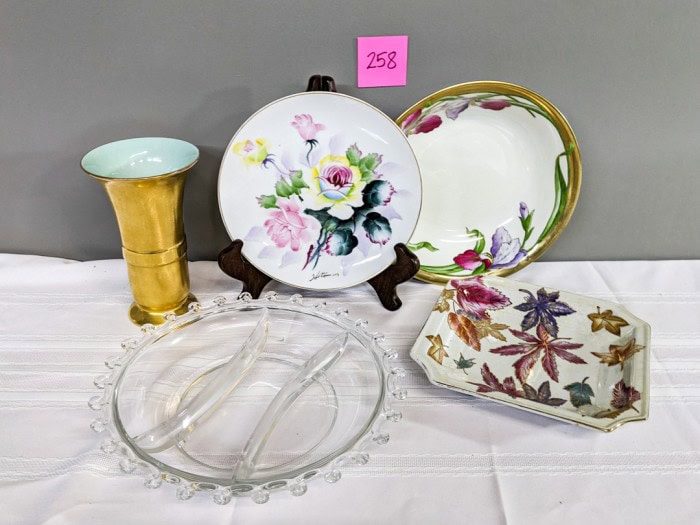 258. (2) Bowls, Divided Glass Tray, Vase + Hand Painted Plate