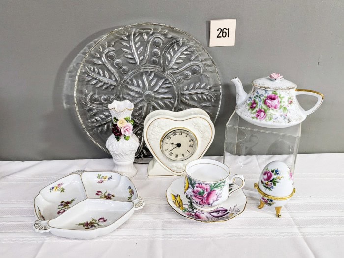 261. Lenox Clock, Glass Platter, Teapot, Teacup/Saucer, Divided Dish + Egg