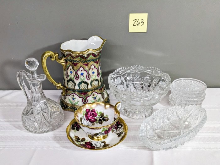 263. Coasters, (2) Bowls, Cruet, Teacup/Saucer and Pitcher