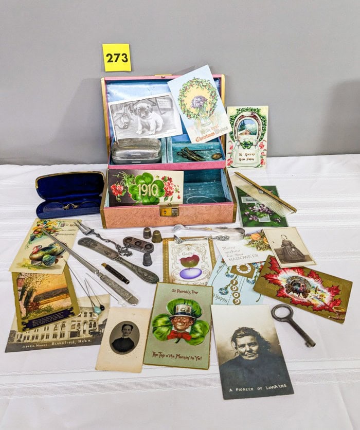 273. Political Buttons, Tin Photographs, Glasses, Trinket Box + Collectibles