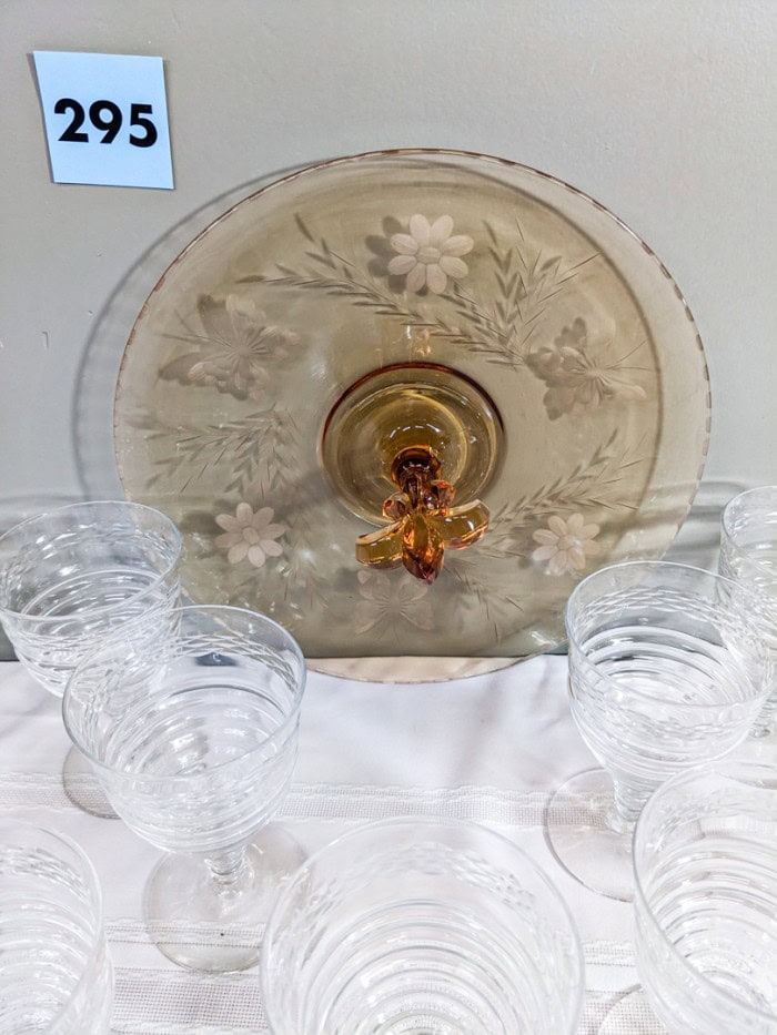 295. Amber Depression Glass Dishes + (10) Glasses - Image 5