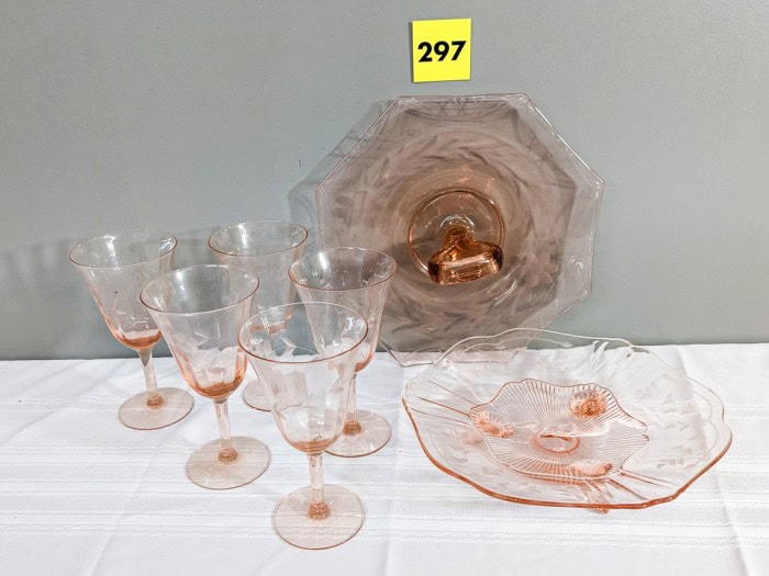 297. Pink Depression Glass Serving Dishes + (5) Glasses