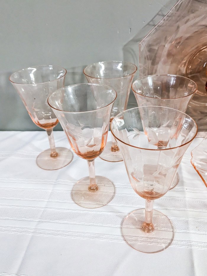 297. Pink Depression Glass Serving Dishes + (5) Glasses - Image 3