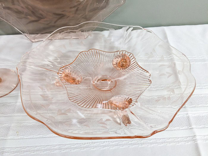 297. Pink Depression Glass Serving Dishes + (5) Glasses - Image 4