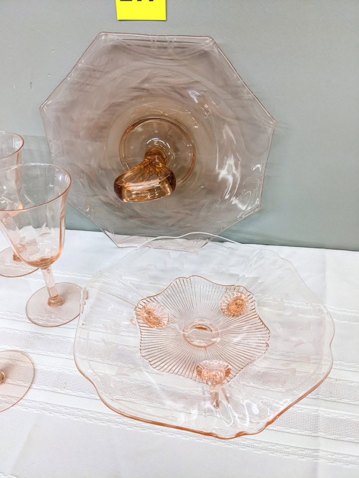 297. Pink Depression Glass Serving Dishes + (5) Glasses - Image 5