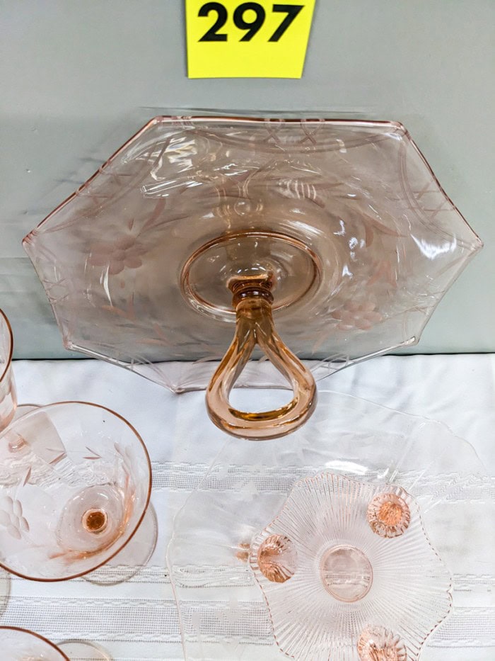 297. Pink Depression Glass Serving Dishes + (5) Glasses - Image 7