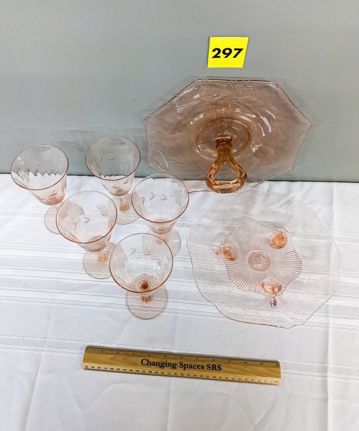 297. Pink Depression Glass Serving Dishes + (5) Glasses - Image 6