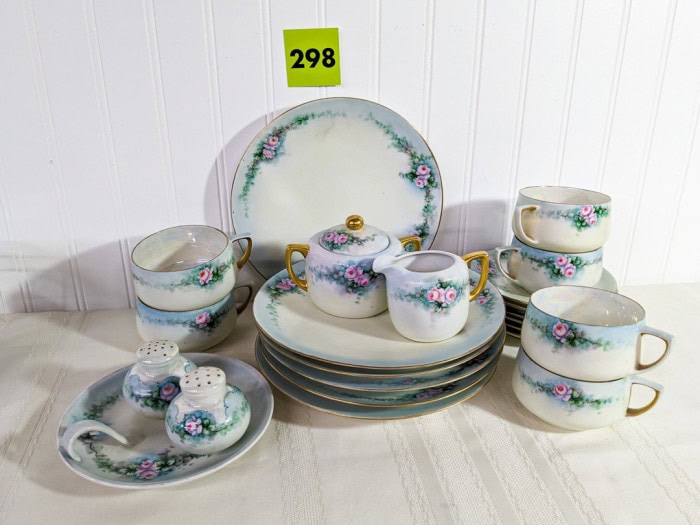 298. (6) Hand Painted Plates, (6) Teacups/Saucers, Creamer + Sugar