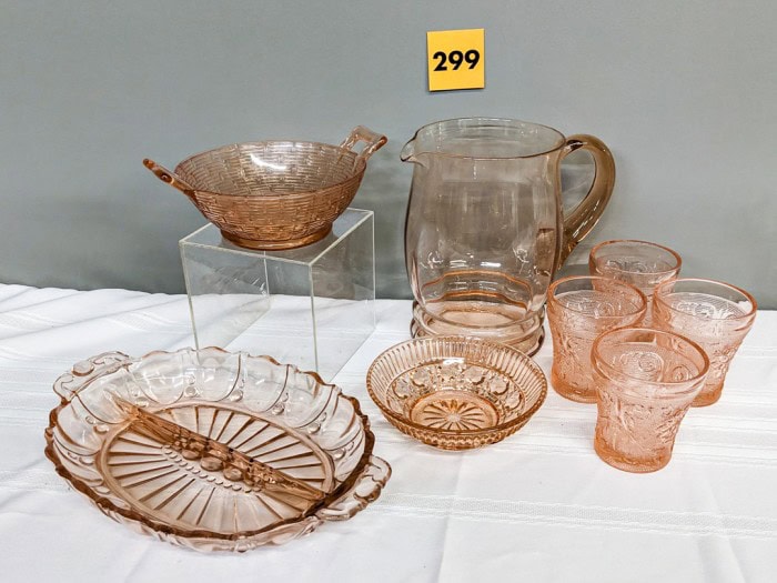 299. Pink Depression Glass Pitcher, Glasses, (2) Bowls + Platter