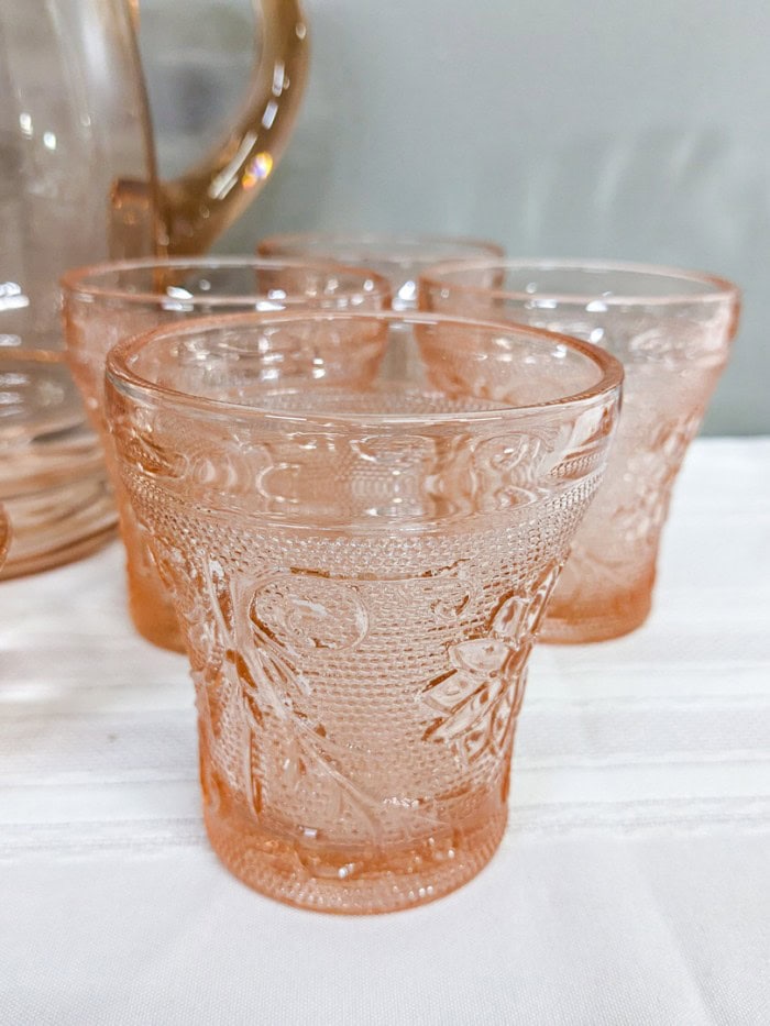 299. Pink Depression Glass Pitcher, Glasses, (2) Bowls + Platter - Image 2