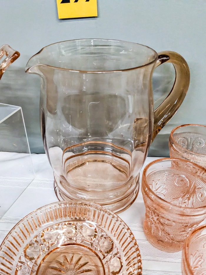 299. Pink Depression Glass Pitcher, Glasses, (2) Bowls + Platter - Image 3