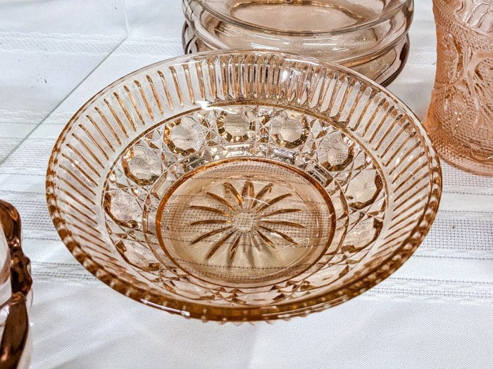 299. Pink Depression Glass Pitcher, Glasses, (2) Bowls + Platter - Image 5