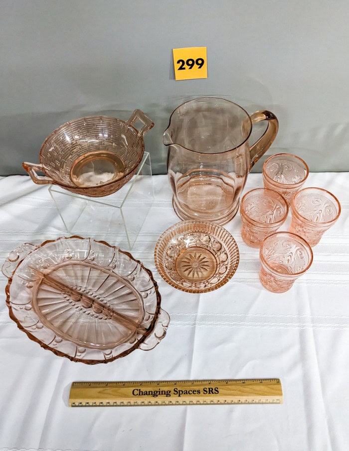 299. Pink Depression Glass Pitcher, Glasses, (2) Bowls + Platter - Image 7