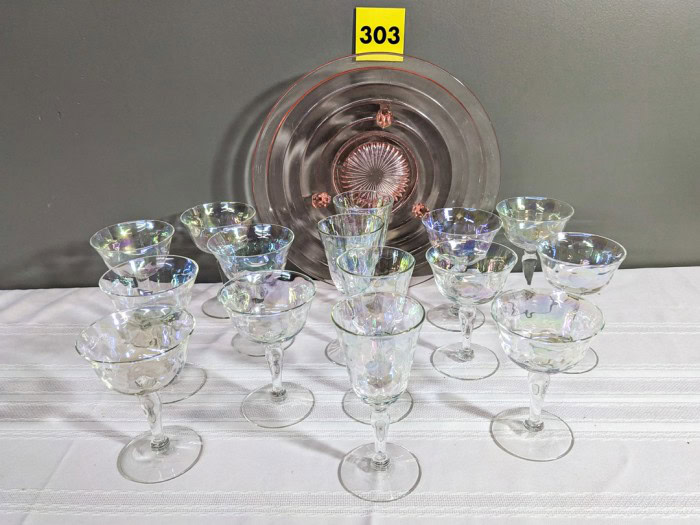 303. (15) Iridescent Glasses + Pink Depression Glass Bowl