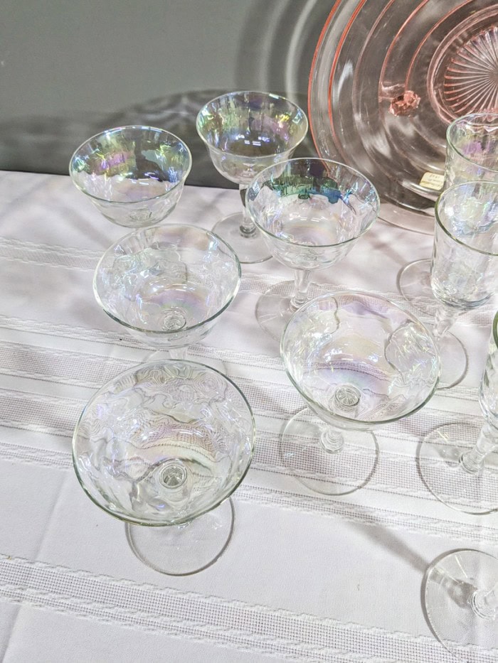 303. (15) Iridescent Glasses + Pink Depression Glass Bowl - Image 3