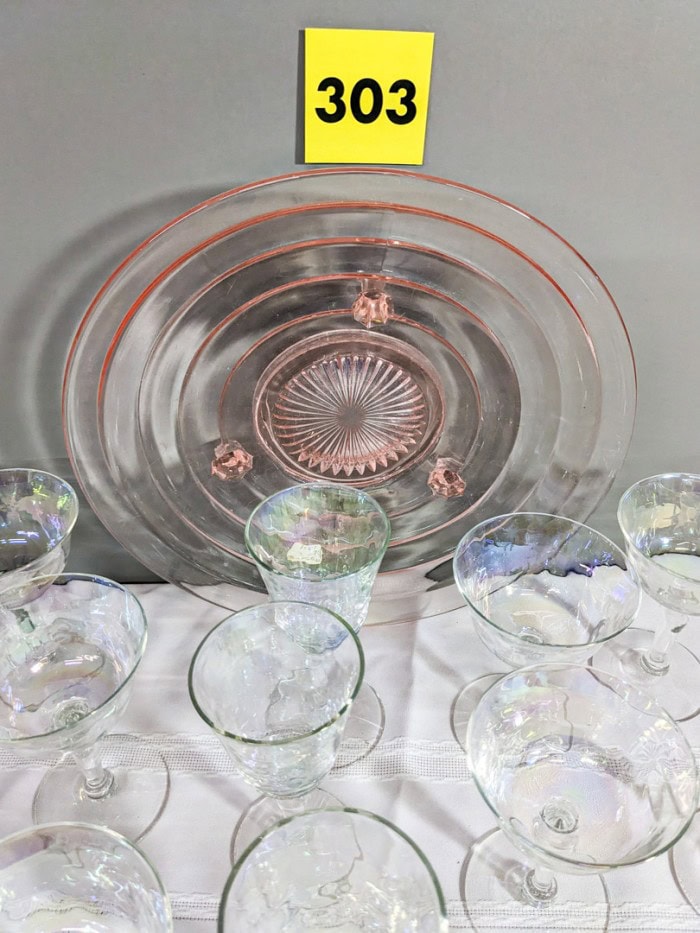 303. (15) Iridescent Glasses + Pink Depression Glass Bowl - Image 4