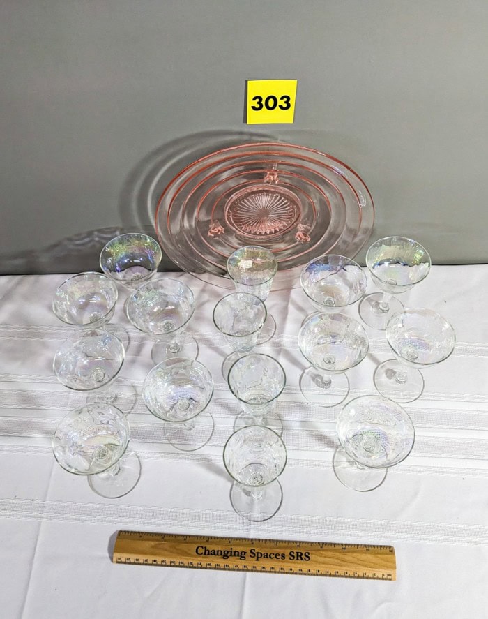 303. (15) Iridescent Glasses + Pink Depression Glass Bowl - Image 6