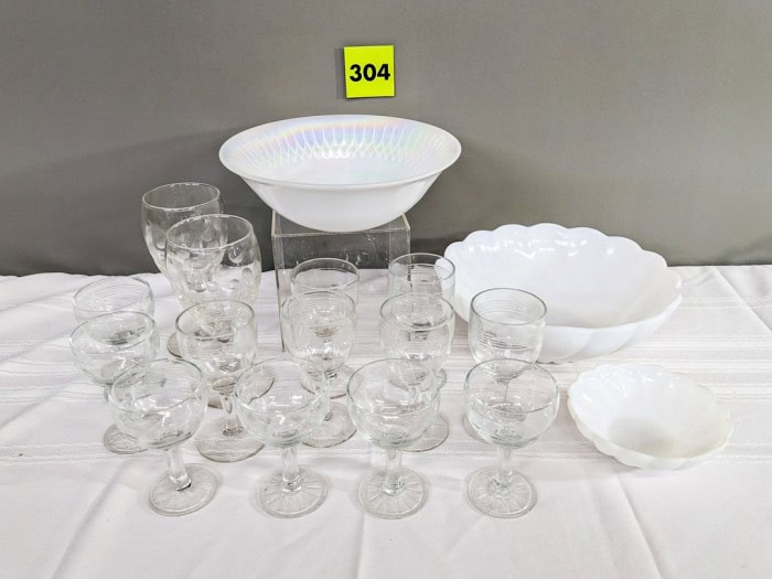 304. (14) Glasses, Iridescent Bowl + (2) Milk Glass Bowls