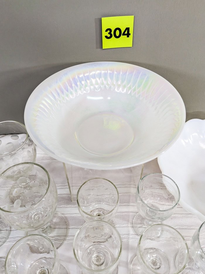 304. (14) Glasses, Iridescent Bowl + (2) Milk Glass Bowls - Image 2