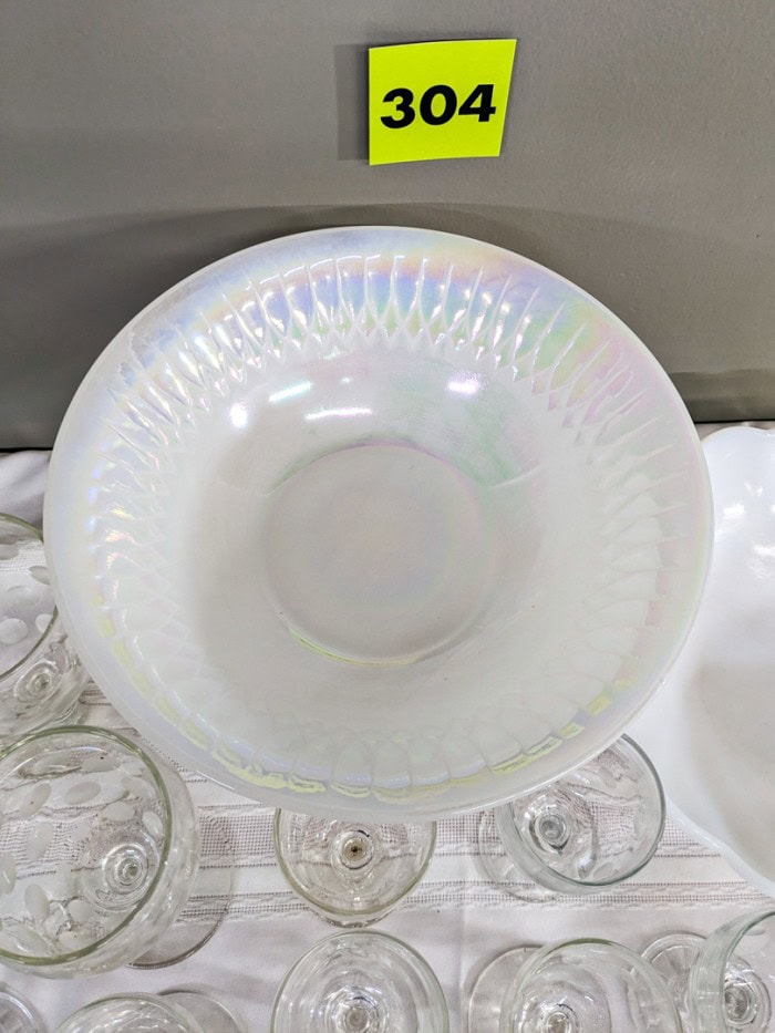 304. (14) Glasses, Iridescent Bowl + (2) Milk Glass Bowls - Image 3