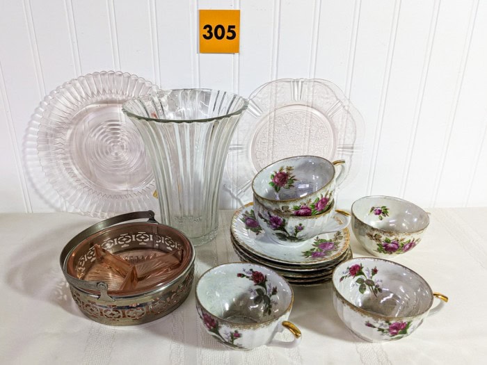 305. (5) Cups/Saucers, (2) Pink Depression Glass Plates, Vase, Glass Bowl