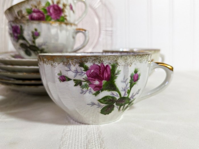 305. (5) Cups/Saucers, (2) Pink Depression Glass Plates, Vase, Glass Bowl - Image 2