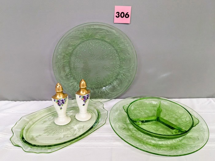 306. (4) Green Depression Glass Dishes + Hand Painted Salt and Pepper Set