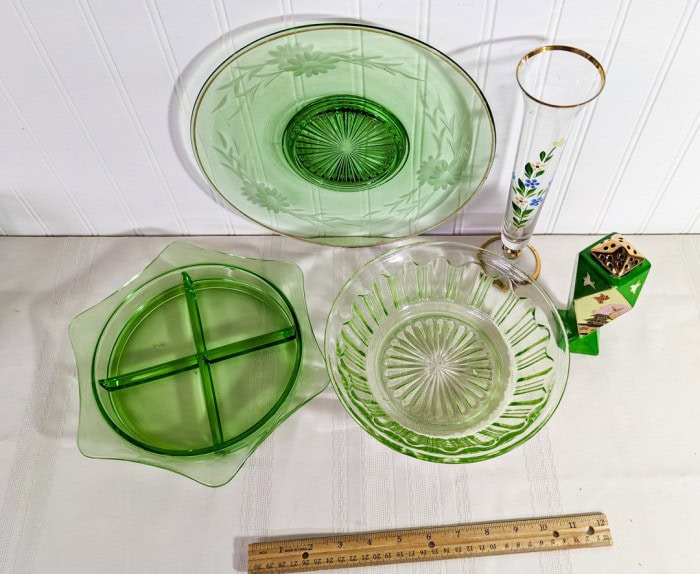 307. (3) Green Depression Glass Dishes, Vase + Shaker - Image 8