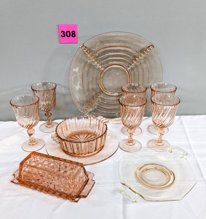 308. (2) Pink Depression Glass Plates, Butter Dish, (6) Glasses + Bowl