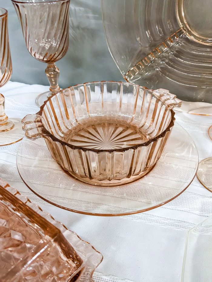 308. (2) Pink Depression Glass Plates, Butter Dish, (6) Glasses + Bowl - Image 4