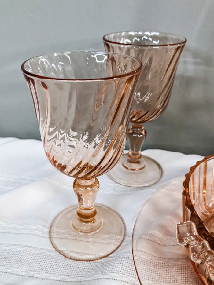 308. (2) Pink Depression Glass Plates, Butter Dish, (6) Glasses + Bowl - Image 5