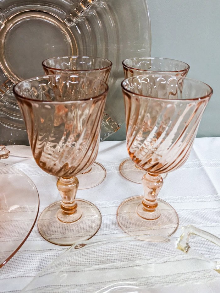 308. (2) Pink Depression Glass Plates, Butter Dish, (6) Glasses + Bowl - Image 6