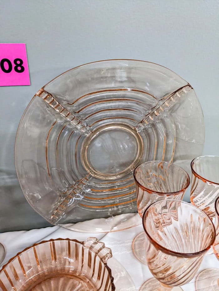 308. (2) Pink Depression Glass Plates, Butter Dish, (6) Glasses + Bowl - Image 7