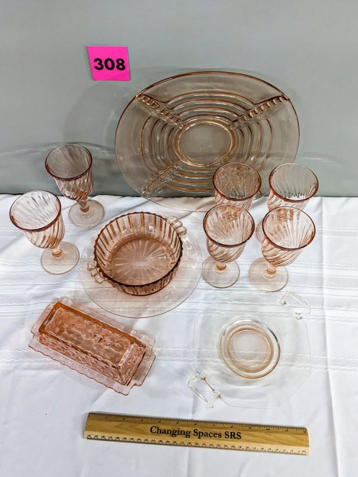 308. (2) Pink Depression Glass Plates, Butter Dish, (6) Glasses + Bowl - Image 8