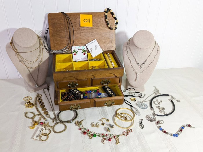 224. Jewelry Box, (8) Necklaces, (9) Bracelets, Earrings, Pin, (1) Fashion Rings