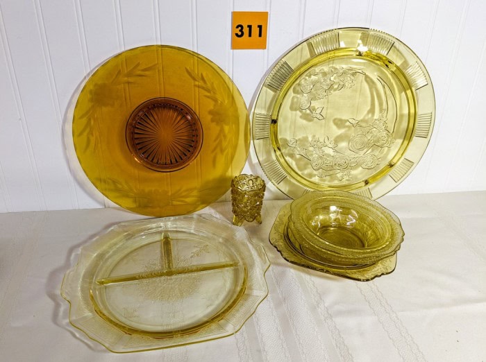 311. Amber Depression Glass Dishes - (3) Platters, (3) Bowls + Toothpick Holder