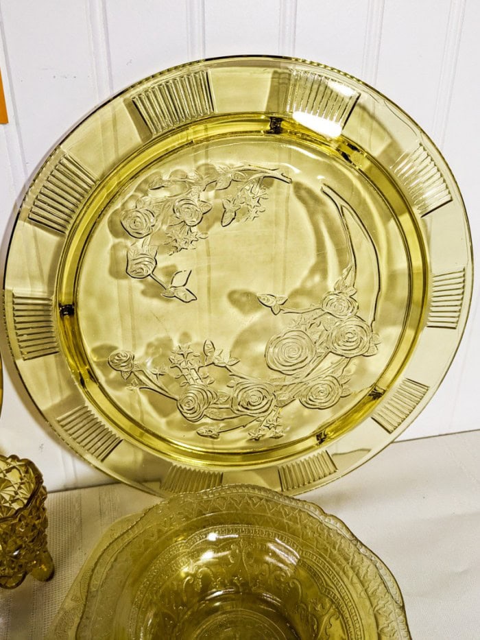 311. Amber Depression Glass Dishes - (3) Platters, (3) Bowls + Toothpick Holder - Image 2