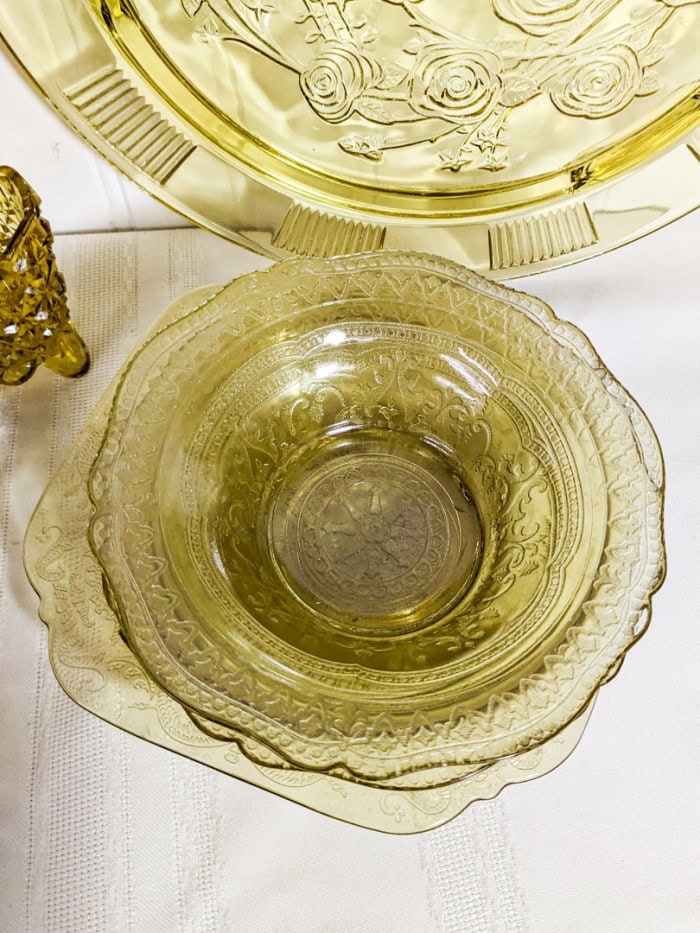 311. Amber Depression Glass Dishes - (3) Platters, (3) Bowls + Toothpick Holder - Image 4