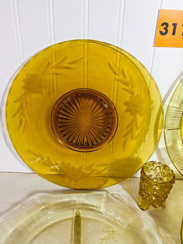 311. Amber Depression Glass Dishes - (3) Platters, (3) Bowls + Toothpick Holder - Image 8