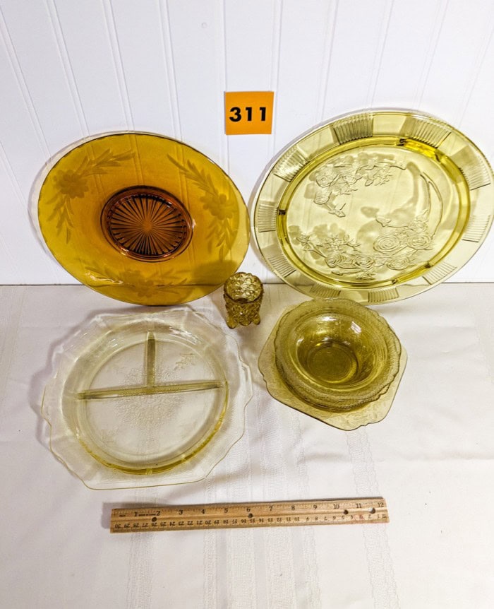 311. Amber Depression Glass Dishes - (3) Platters, (3) Bowls + Toothpick Holder - Image 9