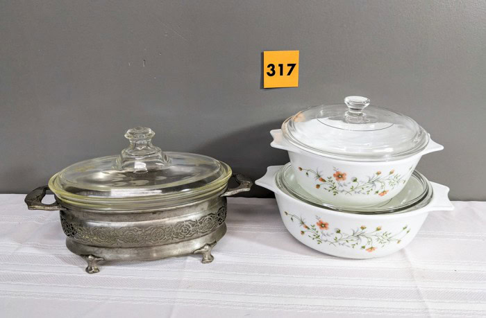 317. (2) Corningware Dishes + Pyrex Dish w/ Carrier