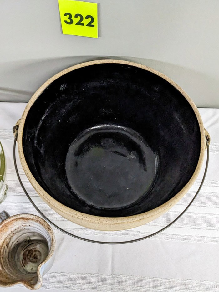 322. Stoneware Bowl w/ Handle, Clear Pyrex Bowl + Pottery Creamer (signed) - Image 3