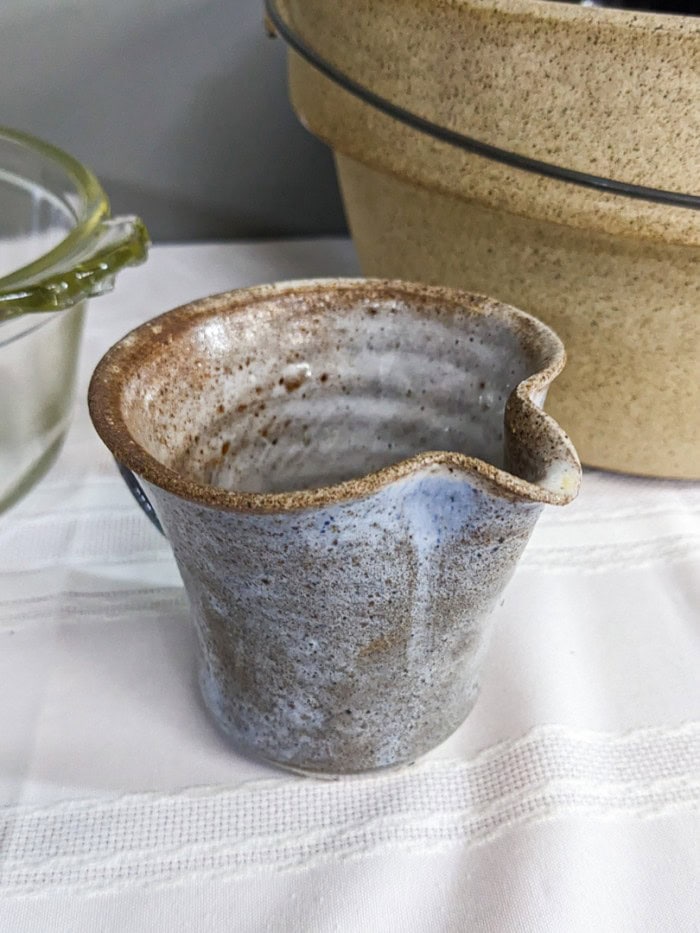 322. Stoneware Bowl w/ Handle, Clear Pyrex Bowl + Pottery Creamer (signed) - Image 5