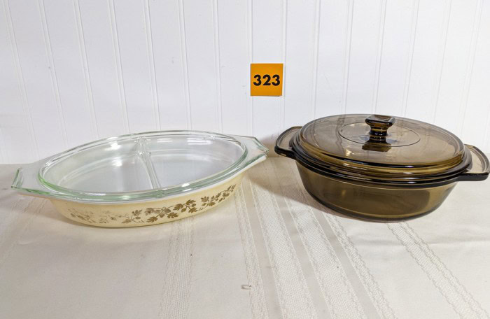 323. Pyrex Golden Acorn Dish + Brown Dish